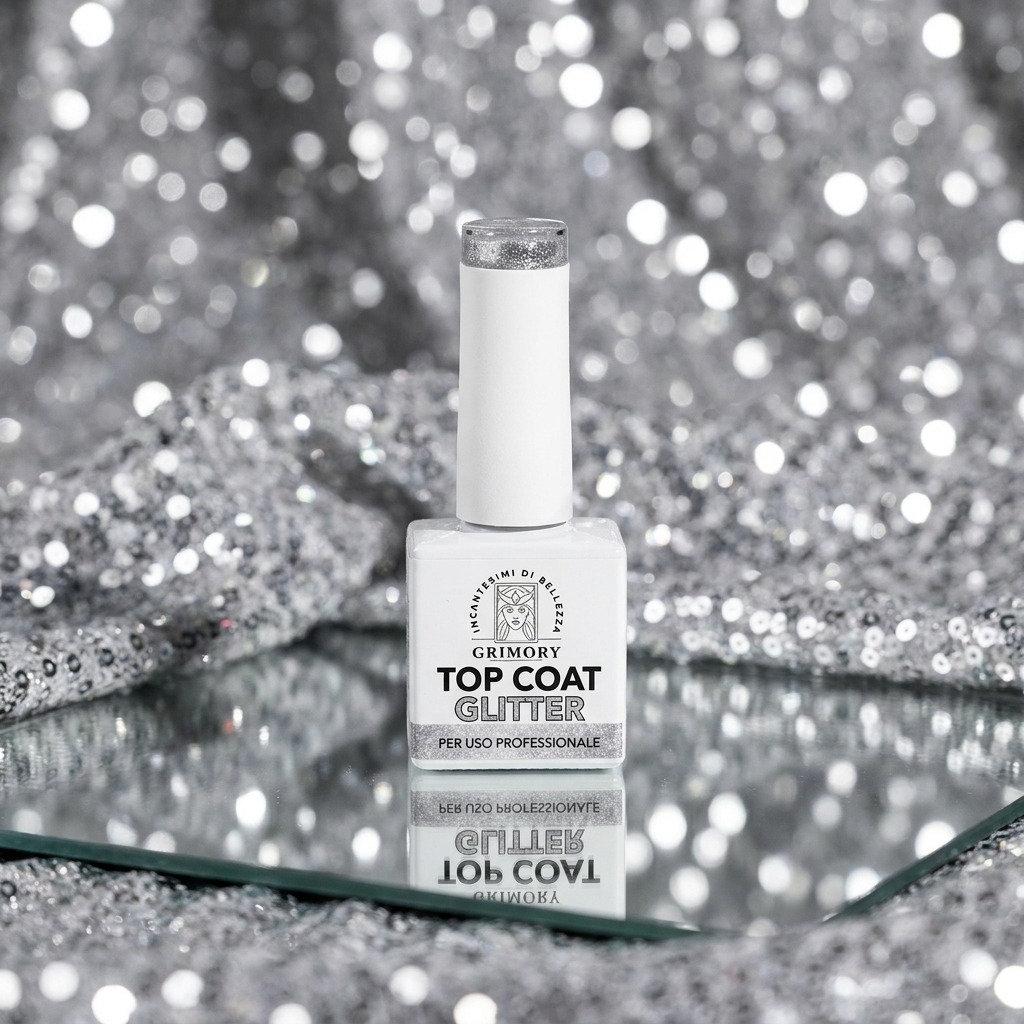Top Coat Glitter Grimory su superficie a specchio con bokeh