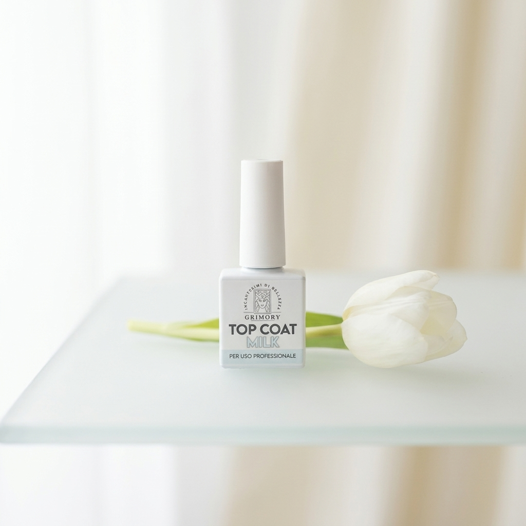 Top Coat Milk Grimory su vetro satinato con tulipano bianco