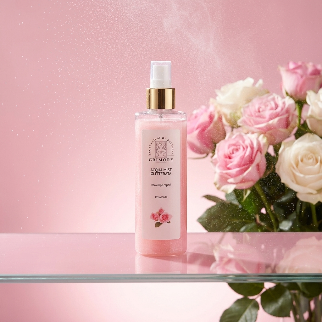 Acqua Mist Glitterata Rosa Perla Grimory con rose