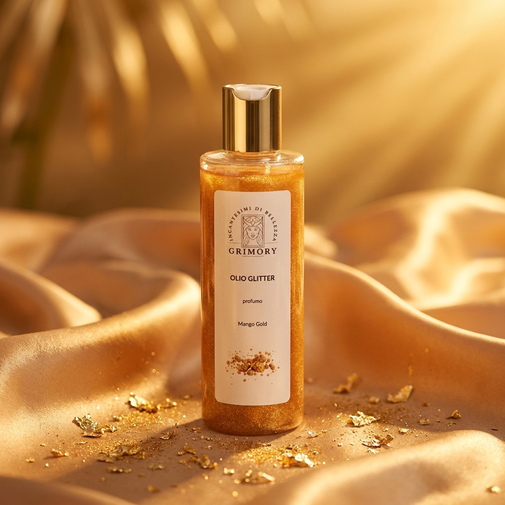 Olio Glitter Mango Gold Grimory su seta dorata