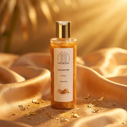 Olio Glitter Mango Gold Grimory su seta dorata