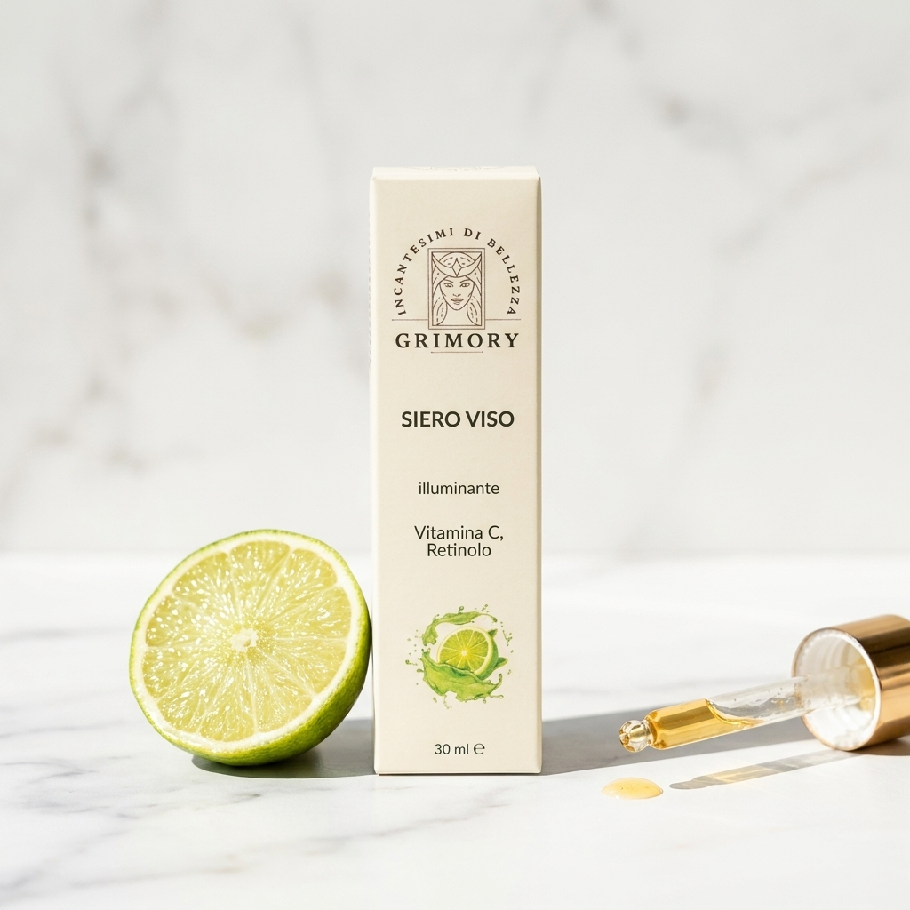 Siero Viso Vitamina C e Retinolo Grimory su marmo con lime