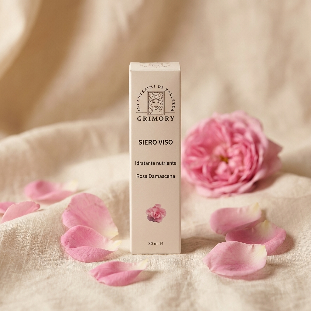 Siero Viso Rosa Damascena Grimory con petali di rosa