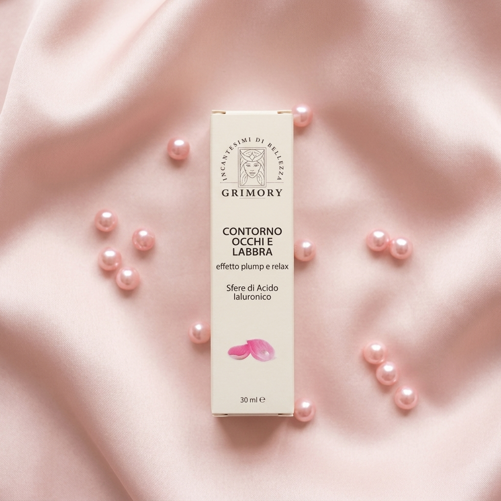 Contorno Occhi e Labbra Grimory su seta rosa con perle