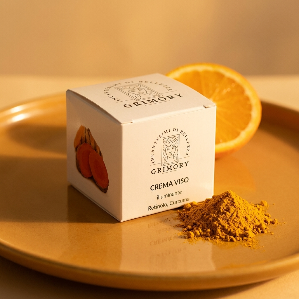 Crema Viso illuminante Retinolo e Curcuma Grimory su ceramica miele