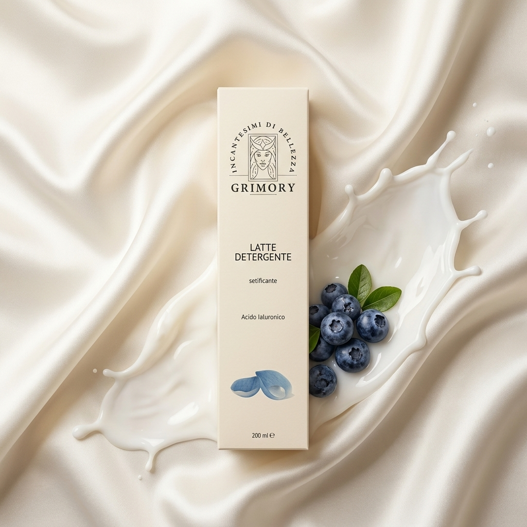 Latte Detergente setificante Grimory su seta bianca con mirtilli