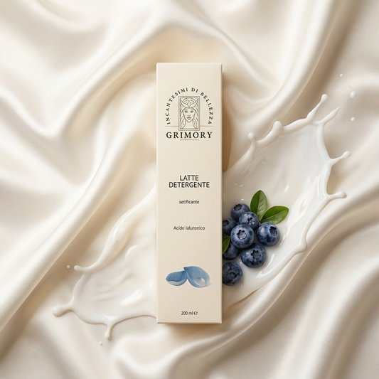 Latte Detergente setificante Grimory su seta bianca con mirtilli