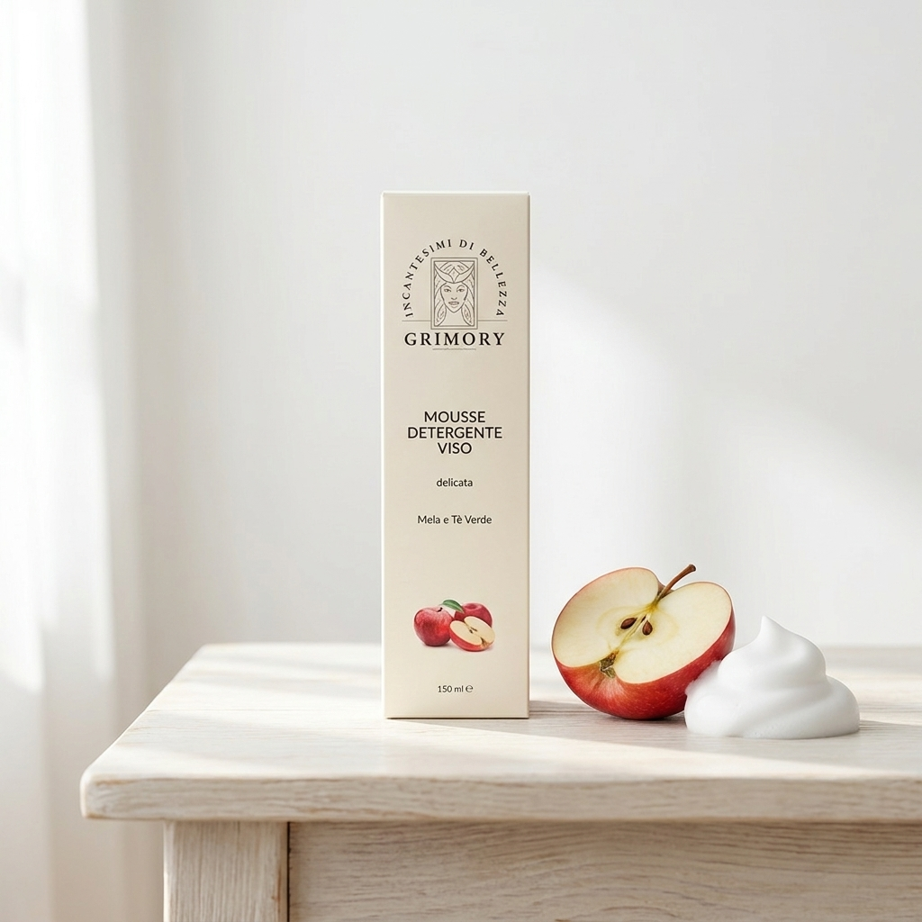 Mousse Detergente delicata Grimory su tavolo chiaro con mela