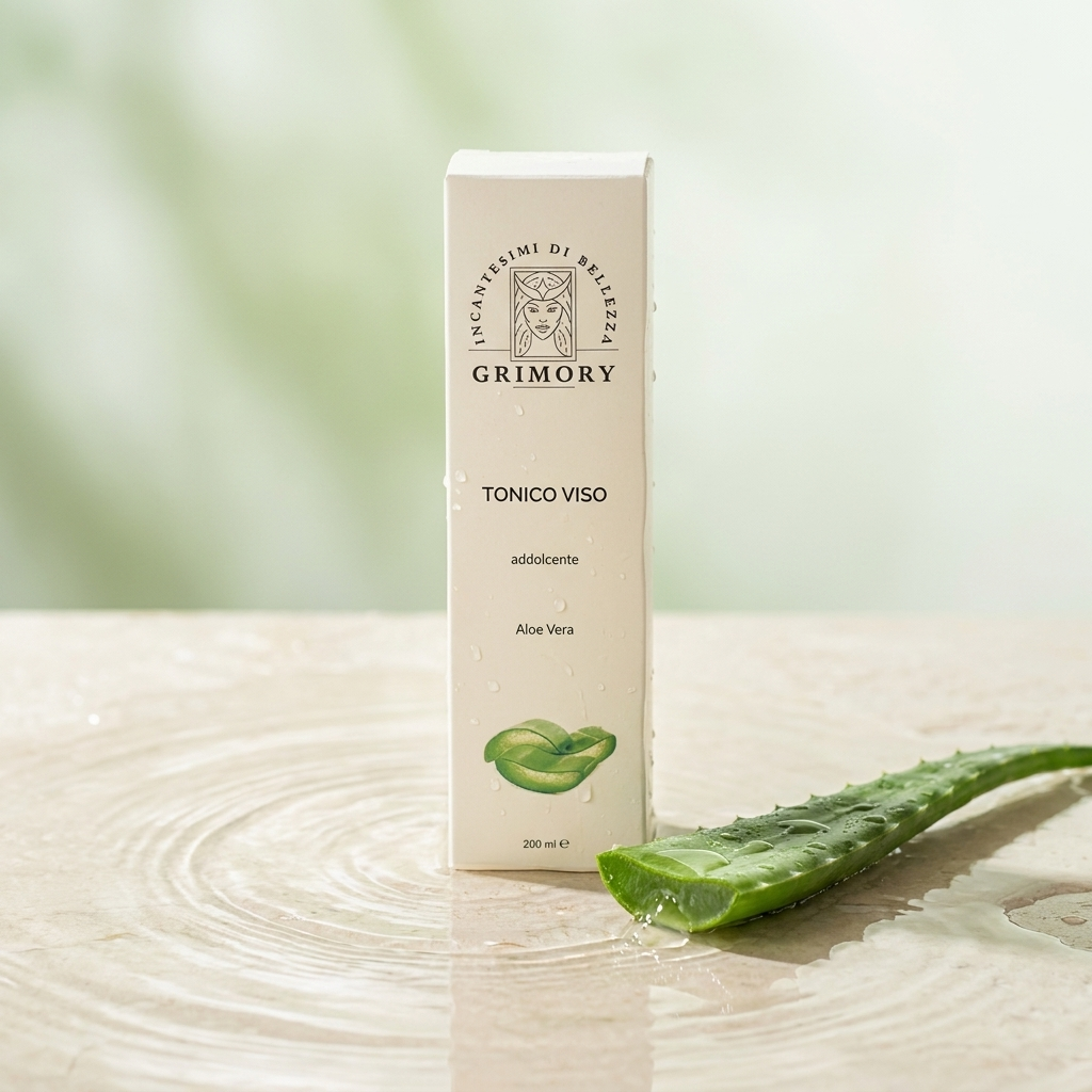 Tonico Viso Aloe Vera Grimory su pietra bagnata con aloe