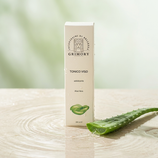Tonico Viso Aloe Vera Grimory su pietra bagnata con aloe