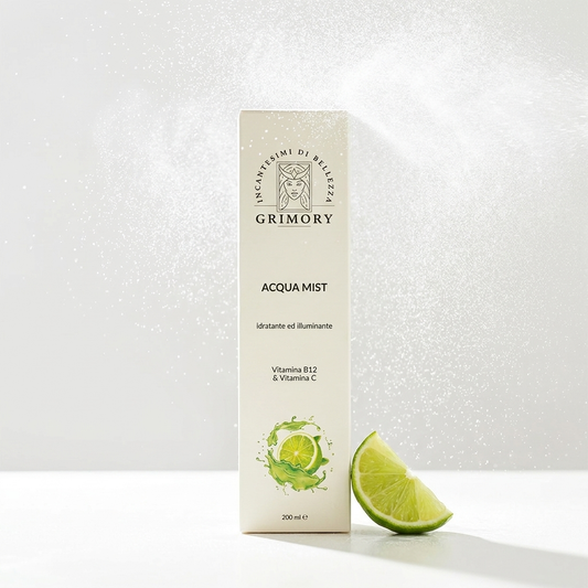 Acqua Mist Vitamina B12 e C Grimory in controluce con lime