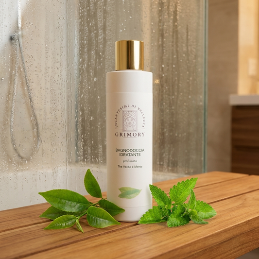 Bagnodoccia Tè Verde e Menta Grimory su teak spa