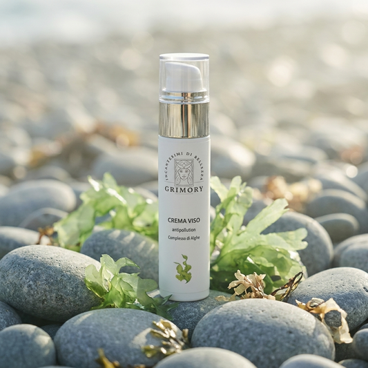 Crema Viso antipollution Grimory su ciottoli di mare con alghe